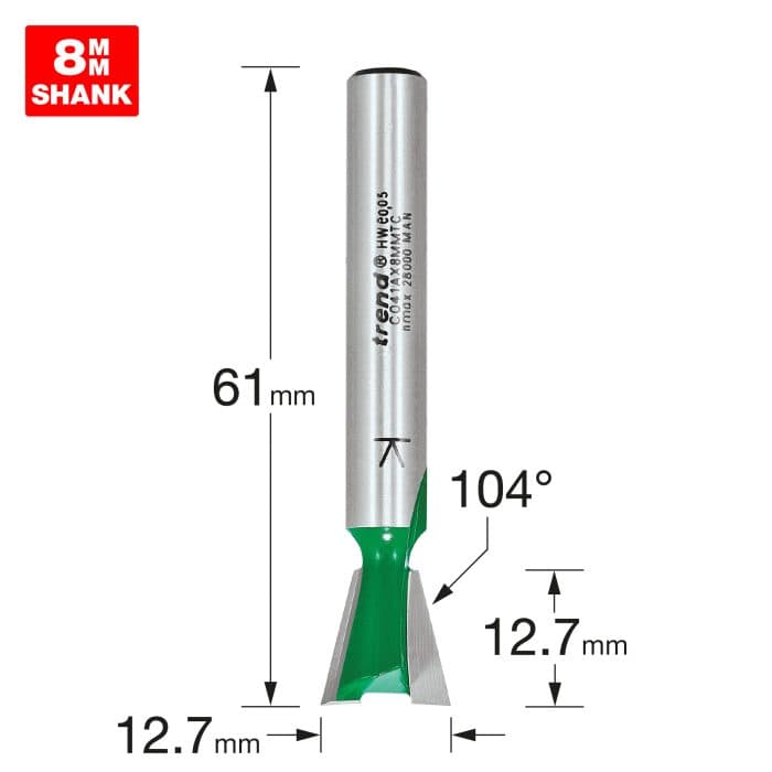 TREND Dovetail cutter angle=104 degrees x 12.7mm diameter