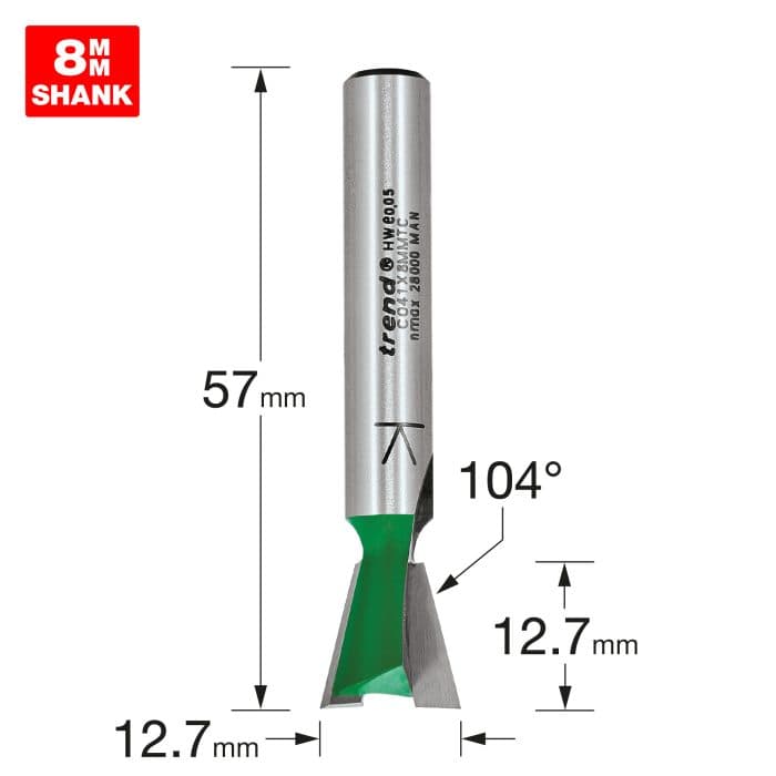 TREND Dovetail cutter angle=104 degrees x 12.7mm diameter