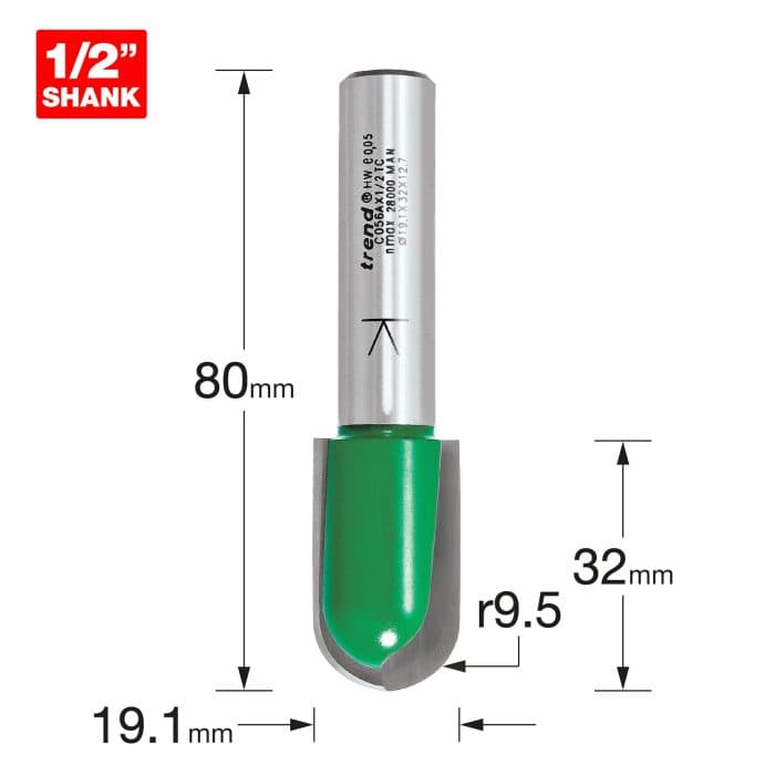 TREND Trend CraftPro 1/2" TCT 9.5mm Radius Draining Groove Router Cutter, 19mm x 32mm