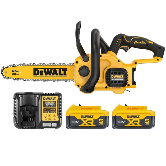 DeWalt DCMCS565N 18V XR Cordless Brushless 30cm Compact Chainsaw With 2 x 5.0Ah Batteries & Charger