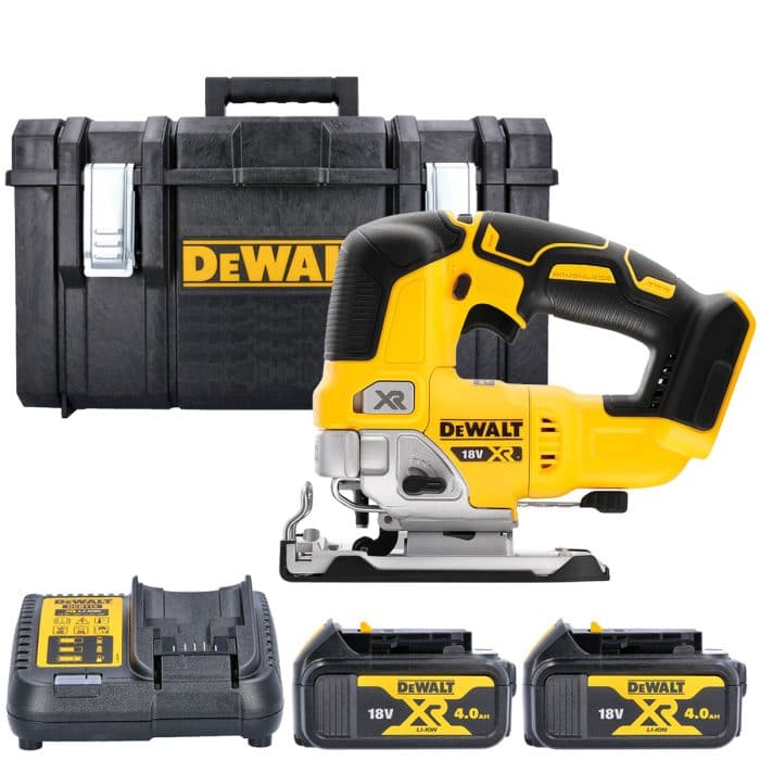 DeWalt DCS334N 18V XR Cordless Brushless Top Handle Jigsaw With 2 x 4Ah Batteries, Charger & 1.0 DS300 Case