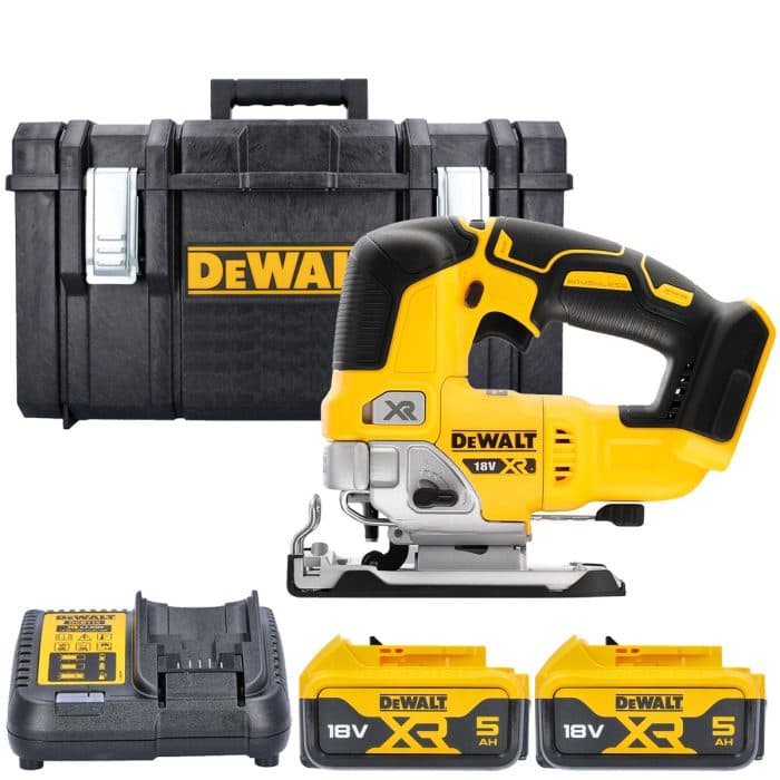 DeWalt DCS334N 18V XR Cordless Brushless Top Handle Jigsaw With 2 x 5Ah Batteries, Charger & 1.0 DS300 Case