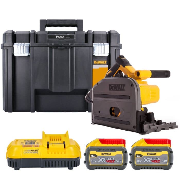 DeWalt DCS520NT 54V XR Cordless Brushless FlexVolt 165mm Plunge Saw With 2 x 9.0Ah Batteries, Charger & TSTAK Case