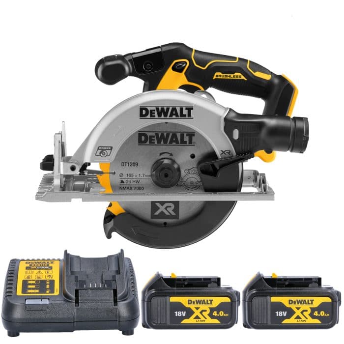 DeWalt DCS565 18V XR Cordless Brushless 165mm Circular Saw With 2 x 4.0Ah Batteries & Charger