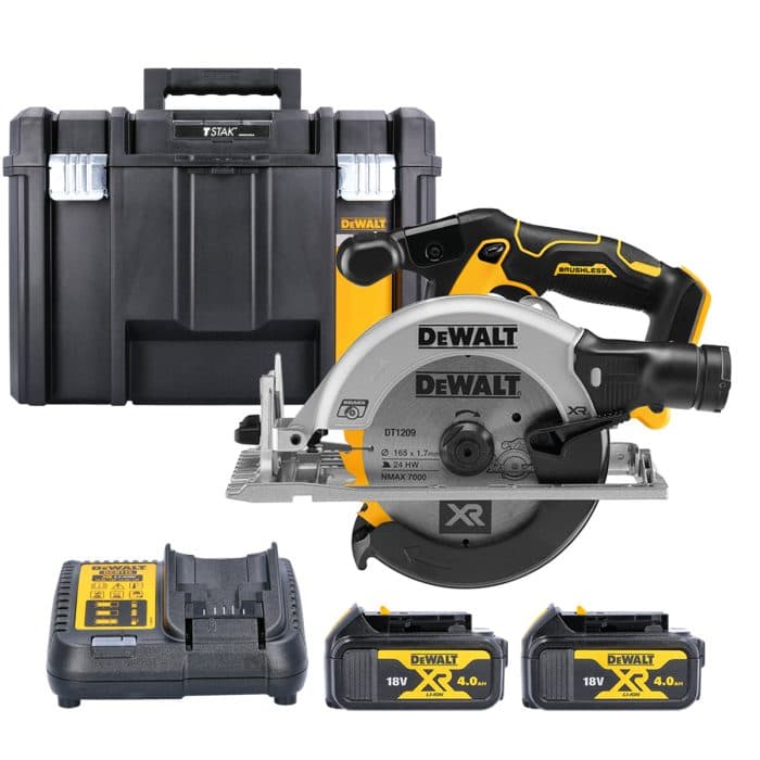 DeWalt DCS565 18V XR Cordless Brushless 165mm Circular Saw With 2 x 4.0Ah Batteries, Charger & TSTAK VI Case