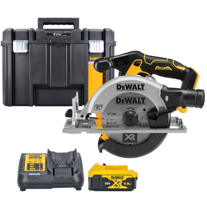 DeWalt DCS565 18V XR Cordless Brushless 165mm Circular Saw With 1 x 5.0Ah Battery, Charger & TSTAK VI Case