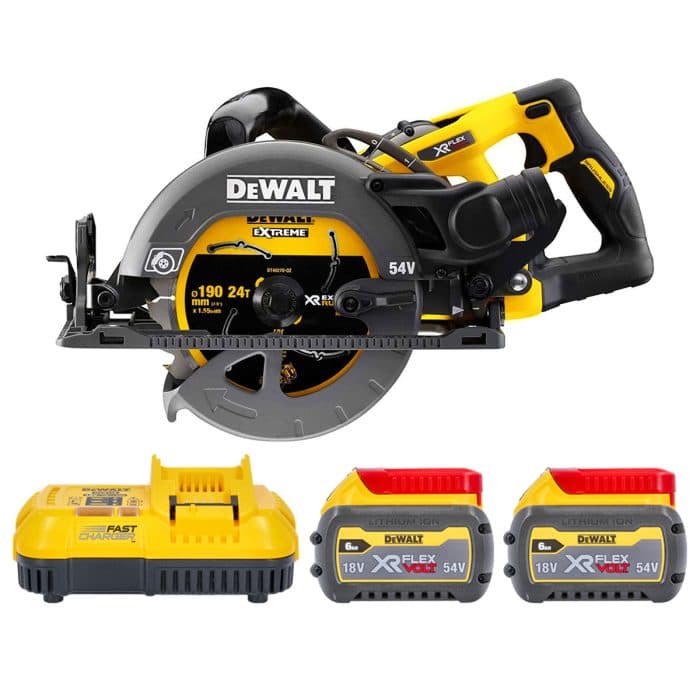 DeWalt DCS577T2 54V XR Cordless Brushless FlexVolt 190mm High Torque Circular Saw With 2 x 6Ah Batteries & Charger