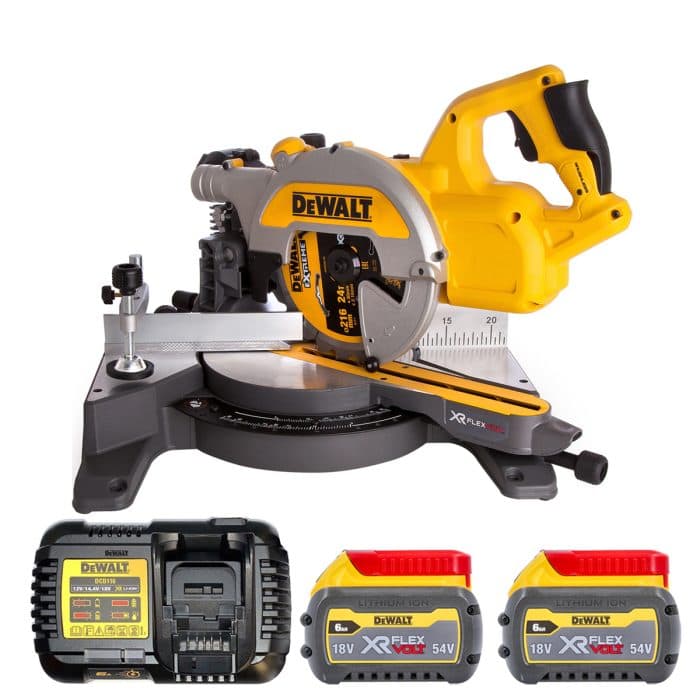DeWalt DCS777T2 54V XR Cordless Brushless FlexVolt 216mm Mitre Saw With 2 x 6.0Ah Batteries & Charger