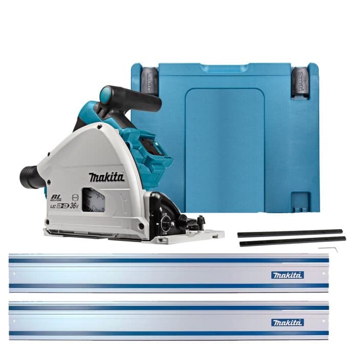 Makita DSP600 Twin 18V Cordless Brushless 165mm Plunge Saw with 2 x 1.5m Guide Rails, Connector & Case