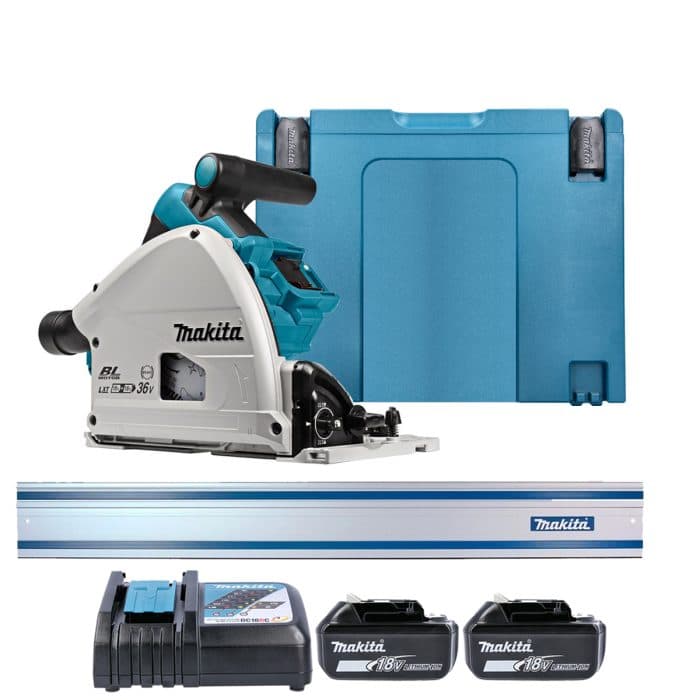 Makita DSP600 Twin 18V Brushless 165mm Plunge Saw with 2 x 5.0Ah Batteries, Charger & Guide Rail