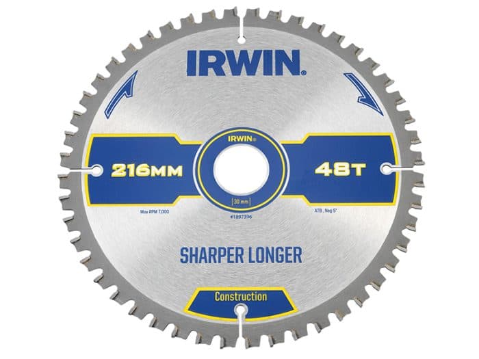 IRWIN IRW1897396 Construction Mitre Circular Saw Blade 216 x 30mm x 48T ATB/Neg