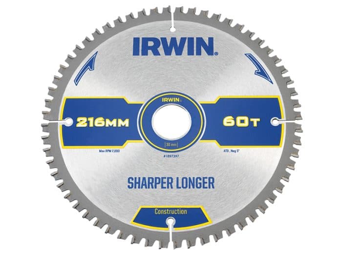 IRWIN IRW1897397 Construction Mitre Circular Saw Blade 216 x 30mm x 60T ATB/Neg