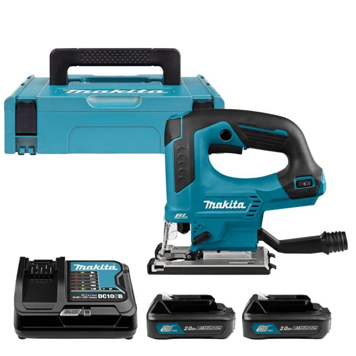 Makita JV103DSAJ 12V Max CXT Cordless Brushless 23mm Stroke Length Slide Bow Handle 280W Jigsaw With 2 x 2.0Ah Batteries, Charger & Case
